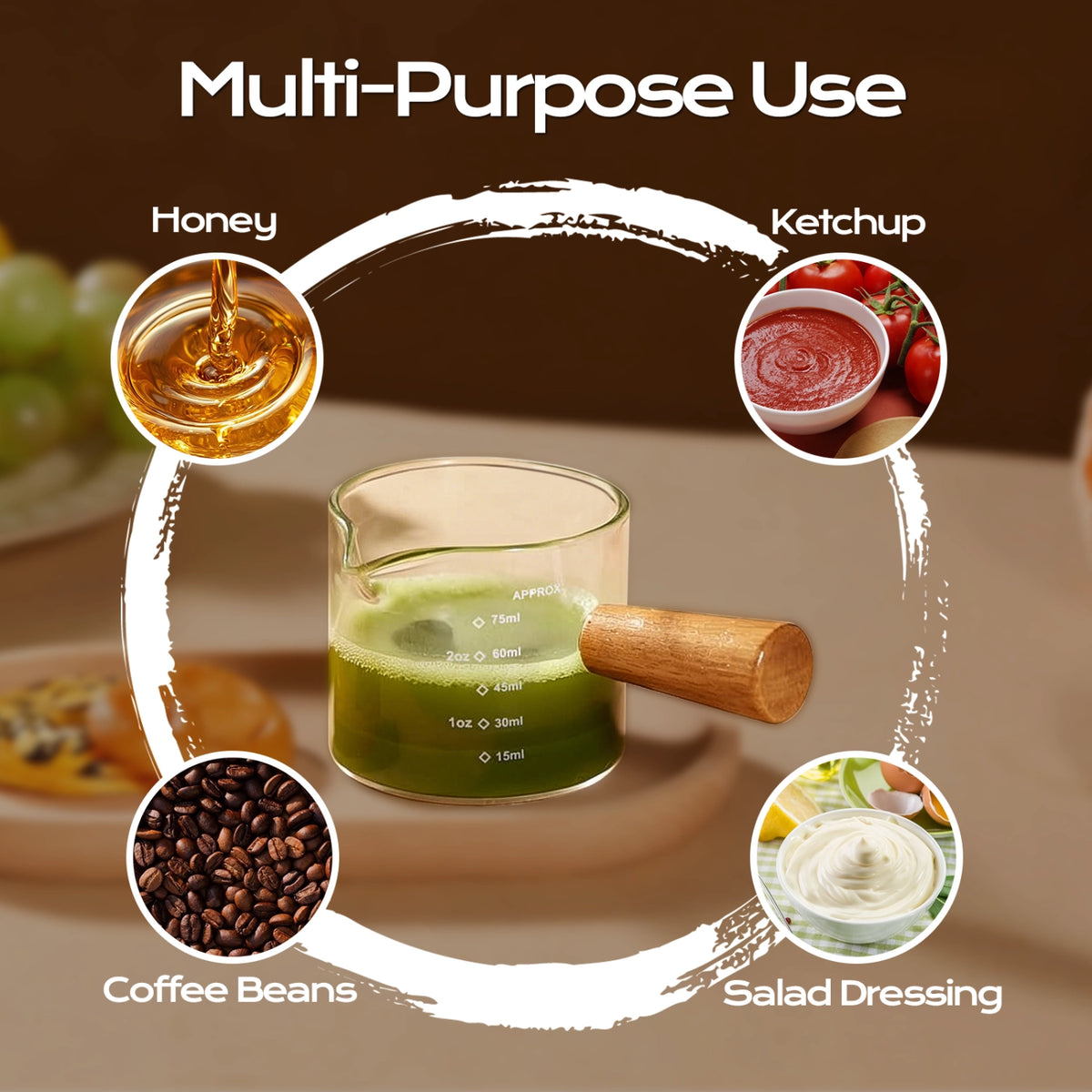 Wooden-handle glass measuring cup with examples of honey, ketchup, coffee beans and salad dressing.