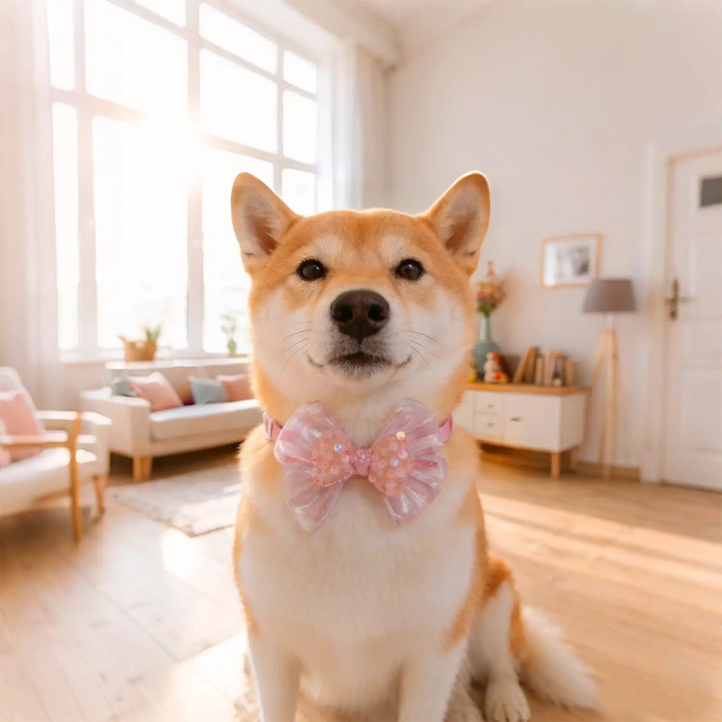Soft Pink Bow Tie Collar for Dogs & Cats, Adjustable Quick Release Buckle One Size