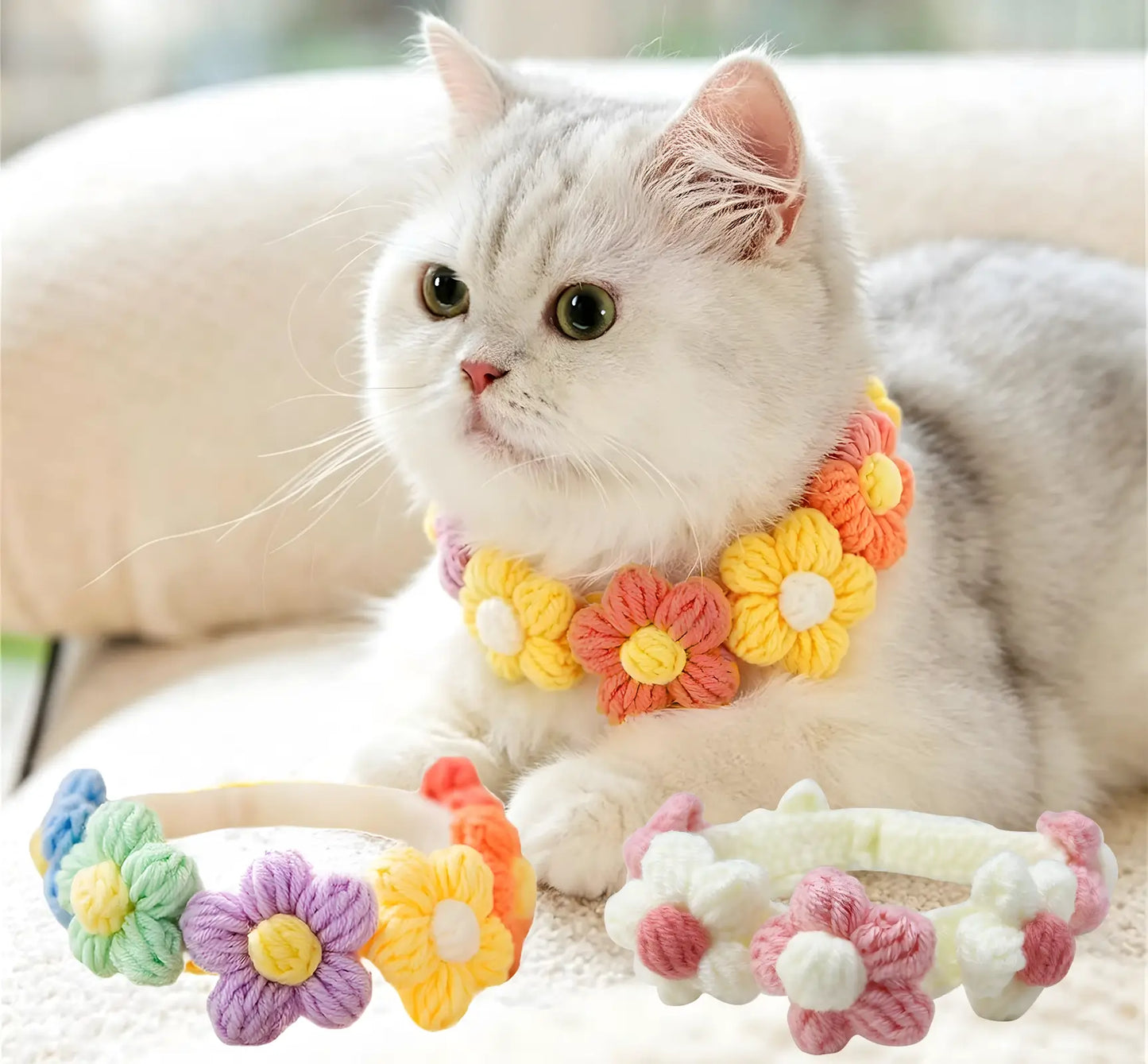 Crochet Flower Pet Collar, Soft Cotton Macaron Floral Scarf with Button Closure