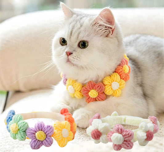 Crochet Flower Pet Collar, Soft Cotton Macaron Floral Scarf with Button Closure