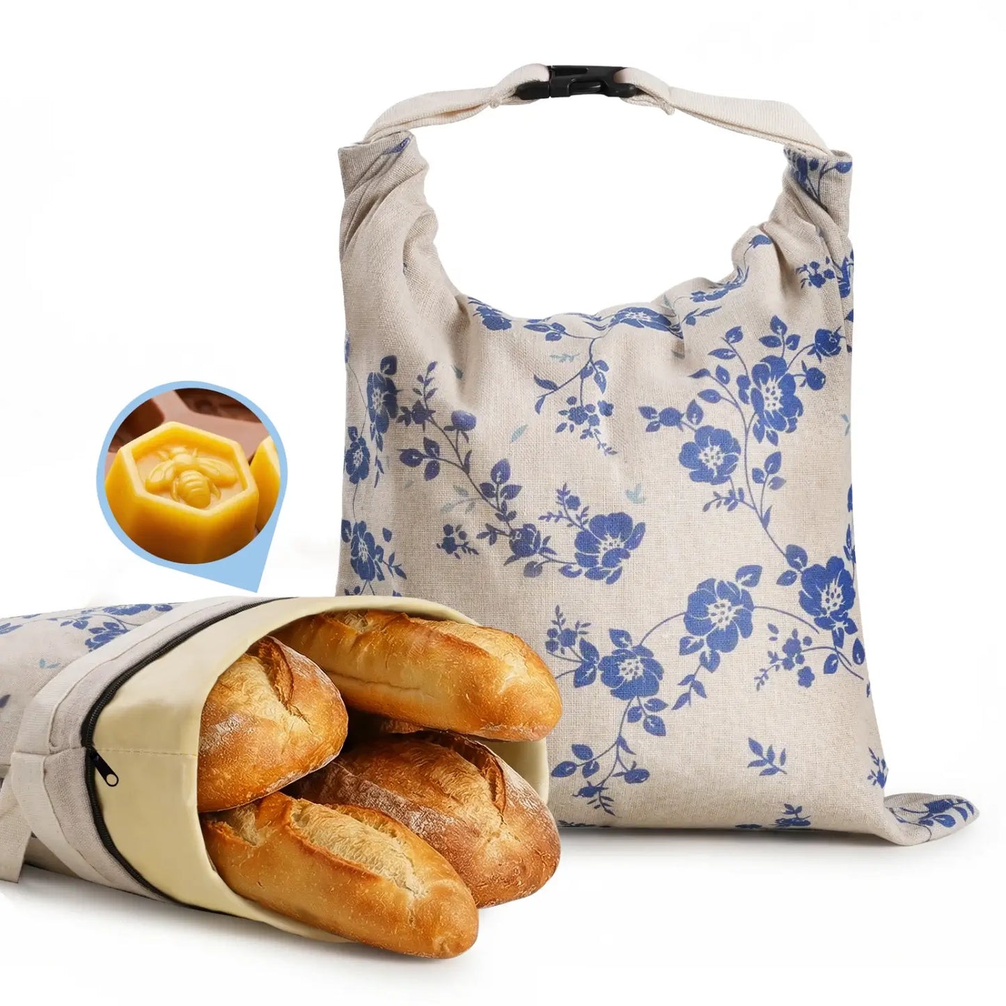 A reusable beeswax bread bag with a floral design is shown, containing several crusty loaves of bread. The bag features a sturdy handle for easy carrying, ideal for keeping bread fresh while reducing plastic waste. #Blue
