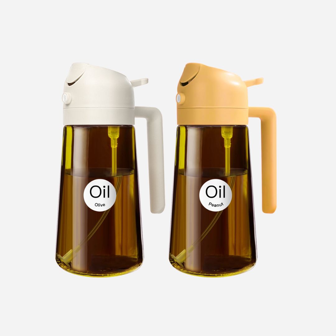 2-in-1-Ölsprühflaschenspender, 2 Stück 16 oz Glas-Olivenölsprüher, Speiseölsprühflasche für Küchensalat, Grill, BBQ, Dunkelbraun (Aufkleber enthalten)