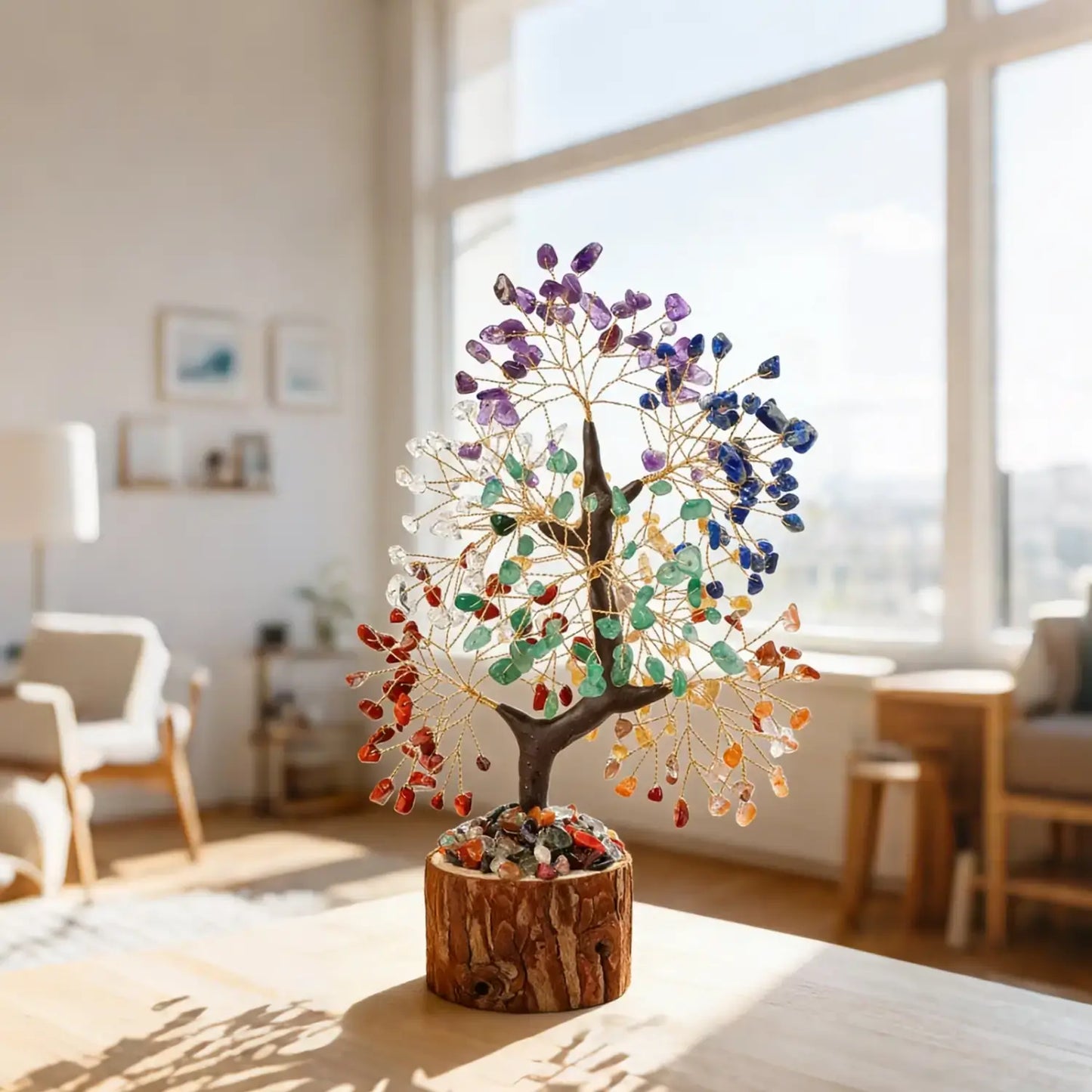 7 Chakra Crystal Wire Tree, Wooden Base Home Office Desk Decor Gift