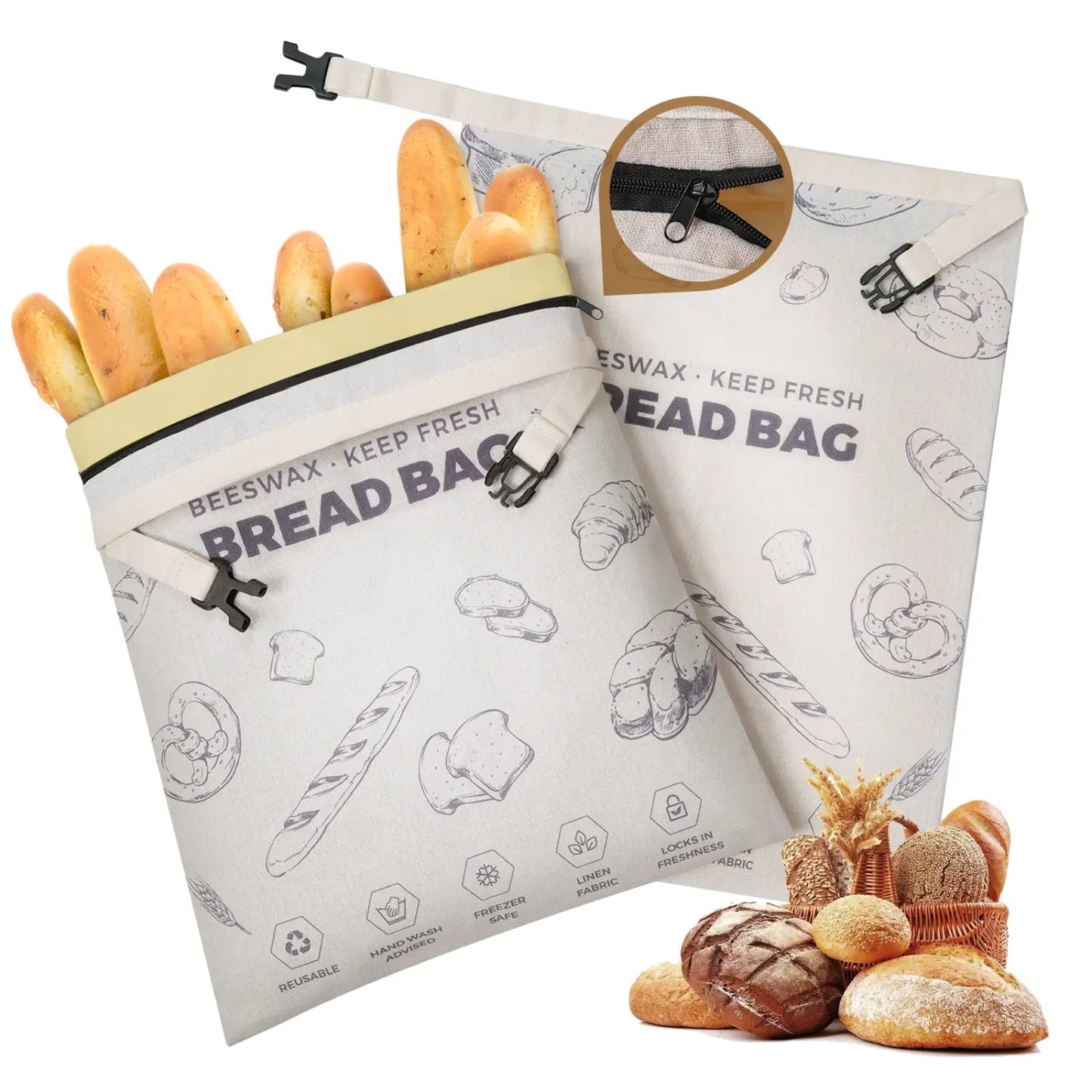 A pair of reusable beeswax bread bags are shown, one filled with fresh bread rolls. The bags feature a stylish design with illustrations of various baked goods and include secure closures for keeping bread fresh..#Purple