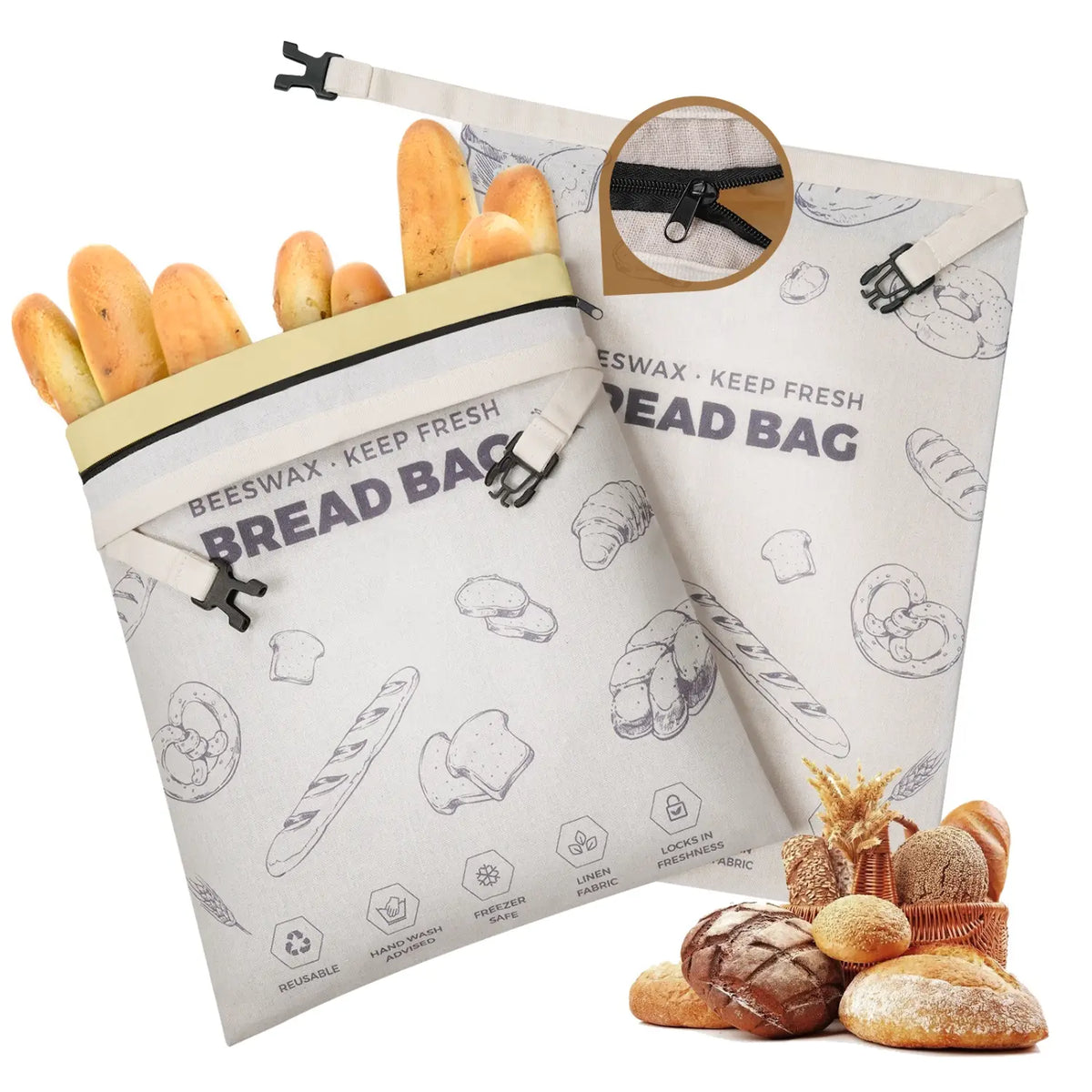 A pair of reusable beeswax bread bags are shown, one filled with fresh bread rolls. The bags feature a stylish design with illustrations of various baked goods and include secure closures for keeping bread fresh..#Purple
