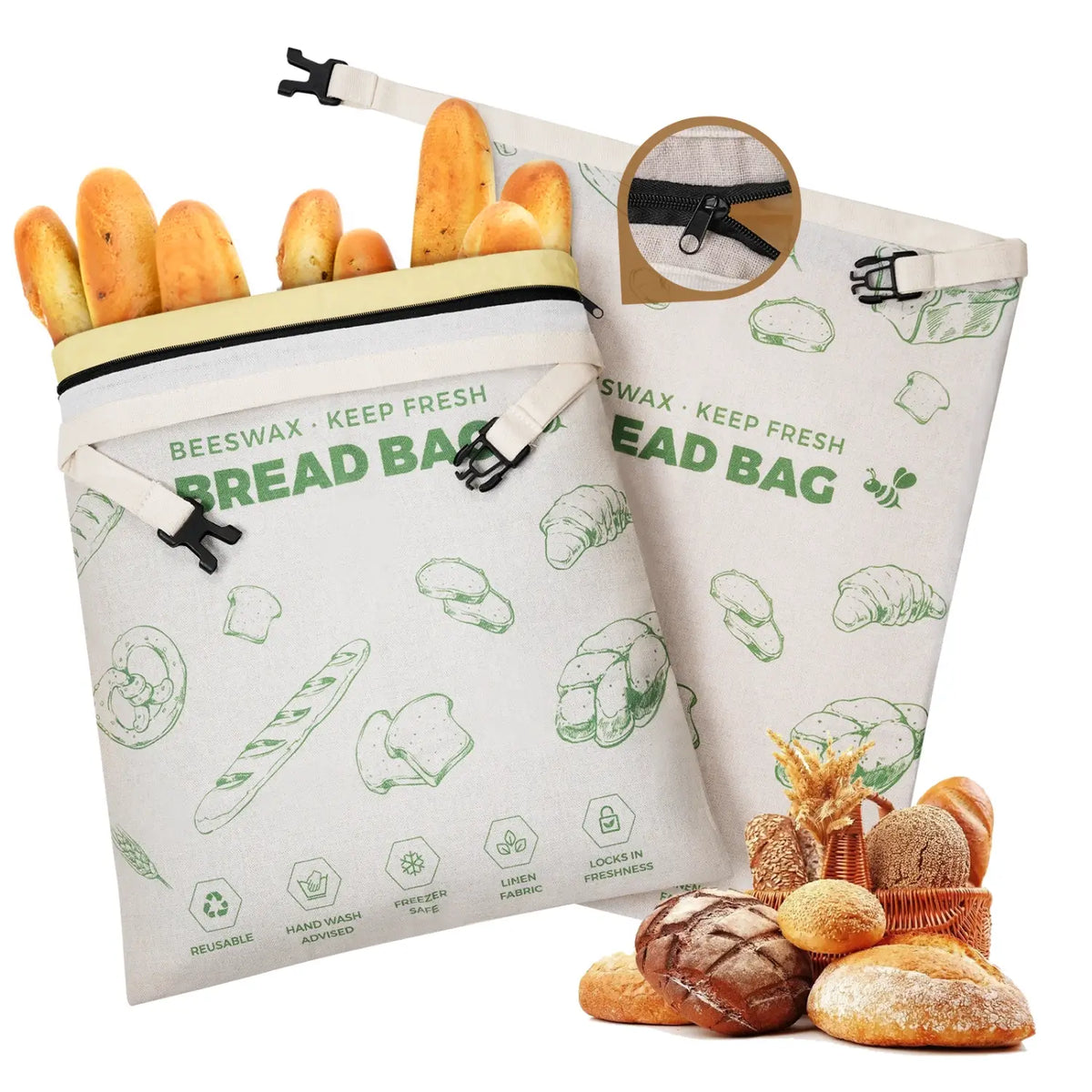 A set of two reusable beeswax bread bags is displayed, featuring a light-colored fabric with green illustrations of various bread types. The bags are partially filled with fresh baguettes, showcasing their practical design for food storage.#Green