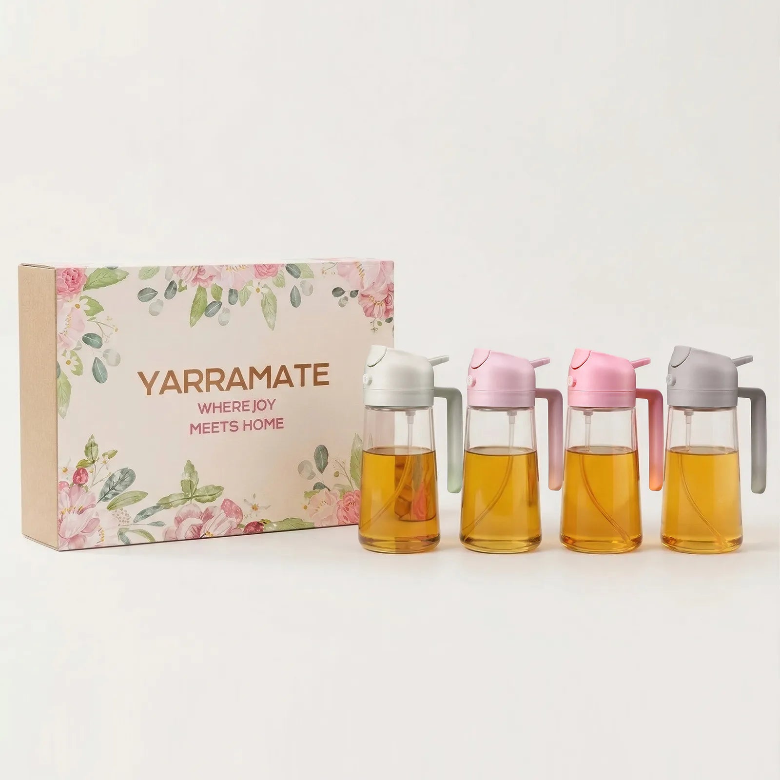 Pink oil sprayer gift set with 4 glass bottles and floral box, 2-in-1 spray and pour oil dispenser