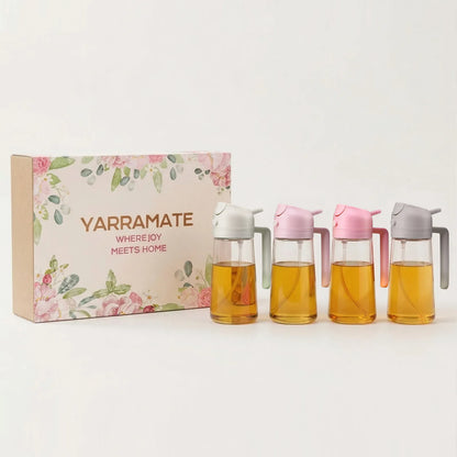 Pink oil sprayer gift set with 4 glass bottles and floral box, 2-in-1 spray and pour oil dispenser