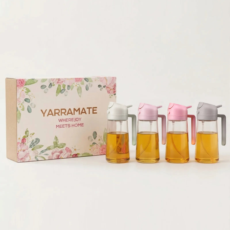 Pink oil sprayer gift set with 4 glass bottles and floral box, 2-in-1 spray and pour oil dispenser