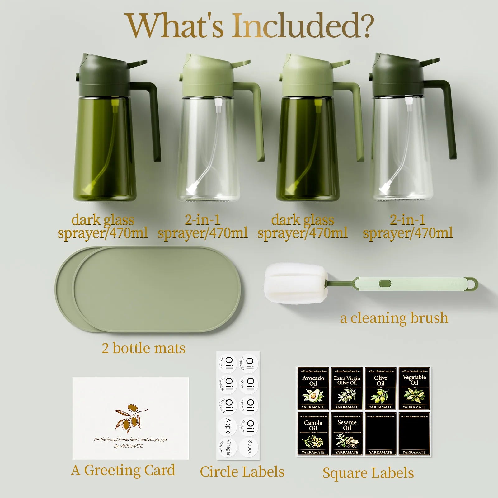 Yarramate oil dispenser gift set components including four 470ml glass spray bottles, cleaning brush, bottle mats, and sticker labels.