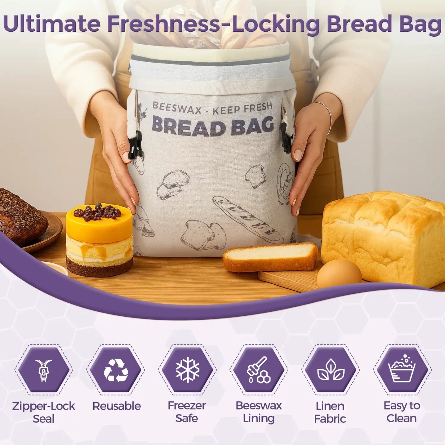 A person is holding a reusable beeswax bread bag with a zipper-lock seal, featuring a linen fabric design and images of bread..#Purple