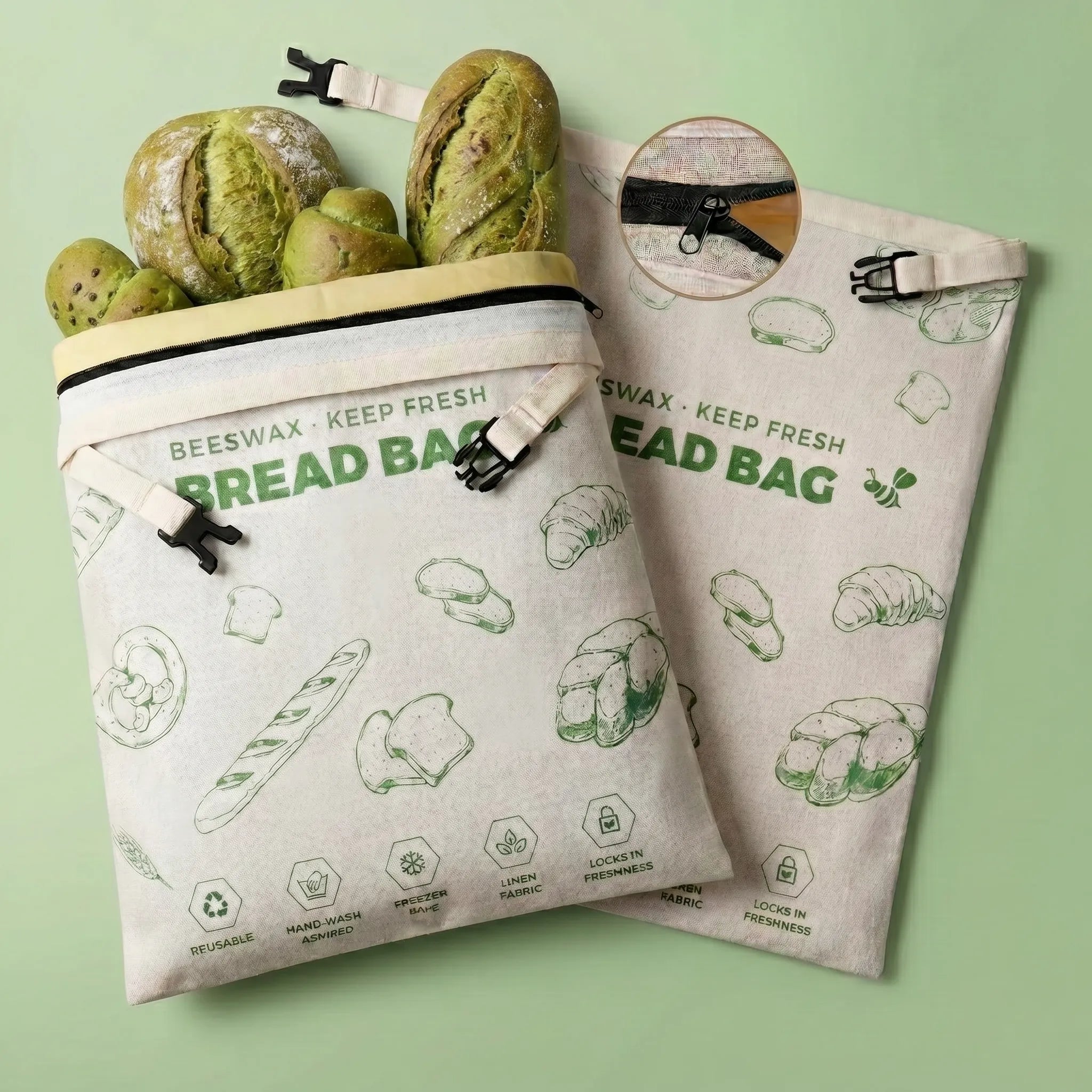 Green reusable beeswax bread bags with bread pattern for keeping homemade bread fresh