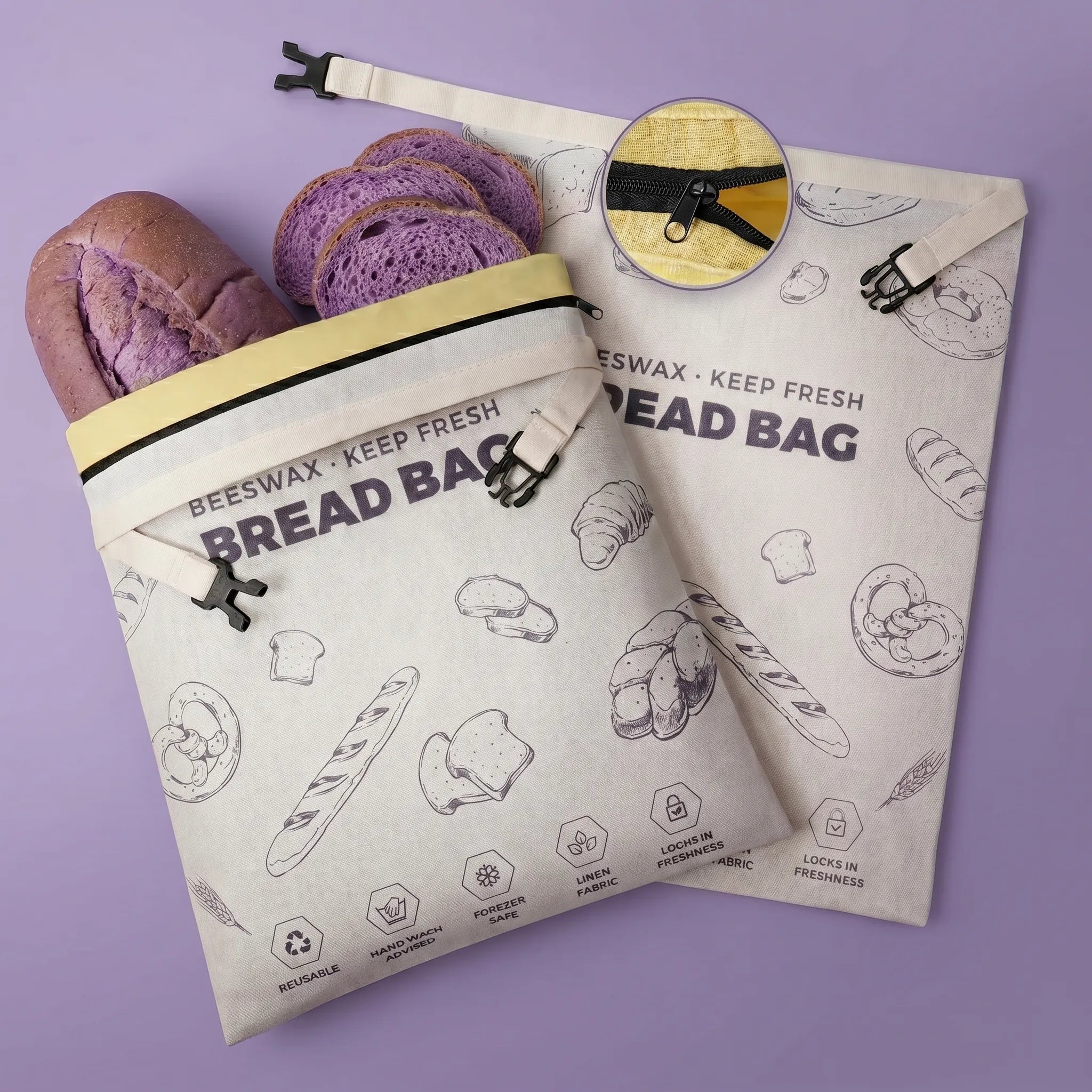 Purple reusable beeswax bread bags with bread pattern for eco-friendly kitchen storage
