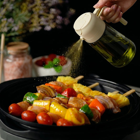 Botella pulverizadora de aceite 2 en 1: Dispensador de aceite de oliva de vidrio de 16 oz para cocinar, ensaladas y parrilla (verde oscuro) 