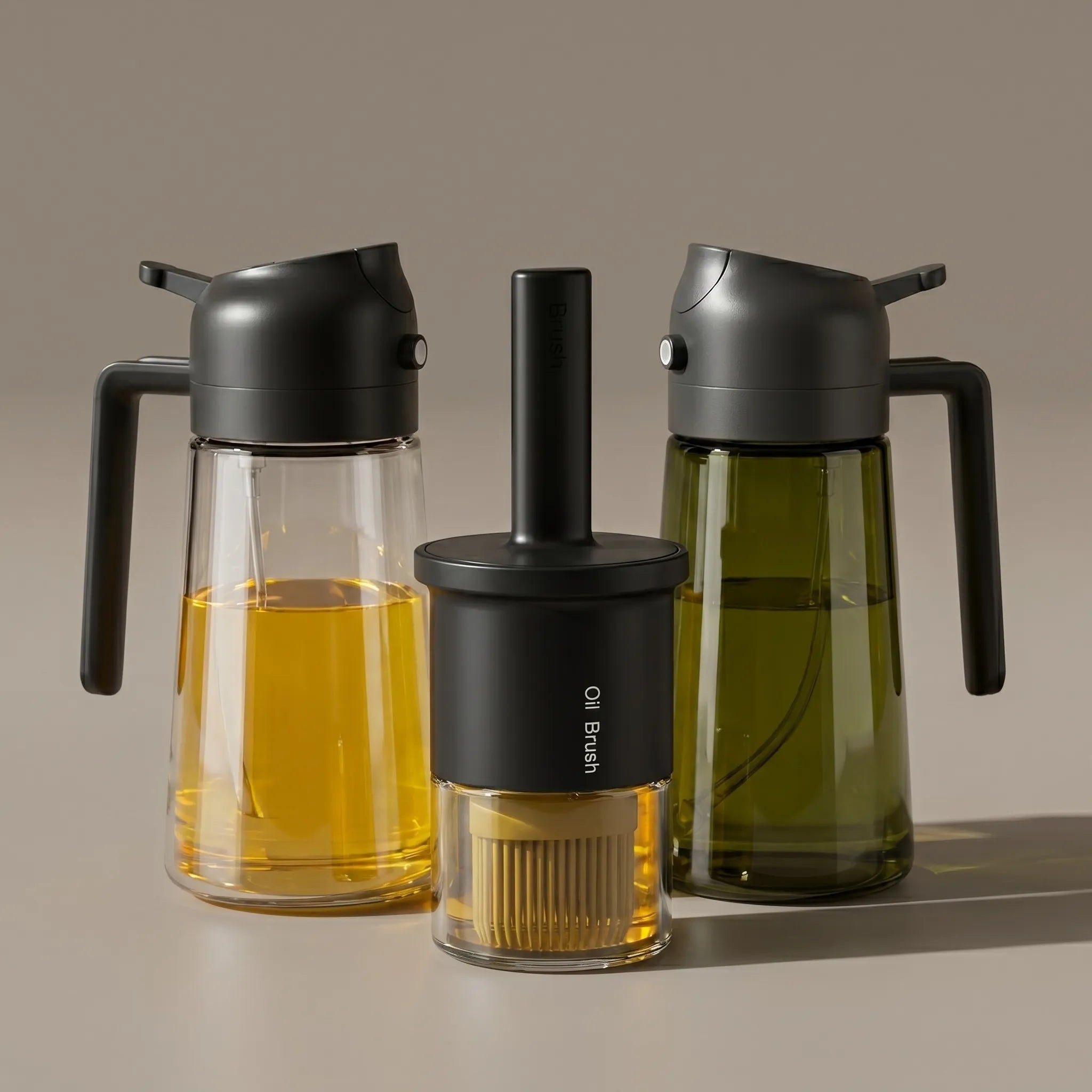 two oil Sprayer and an oil bottle brush
