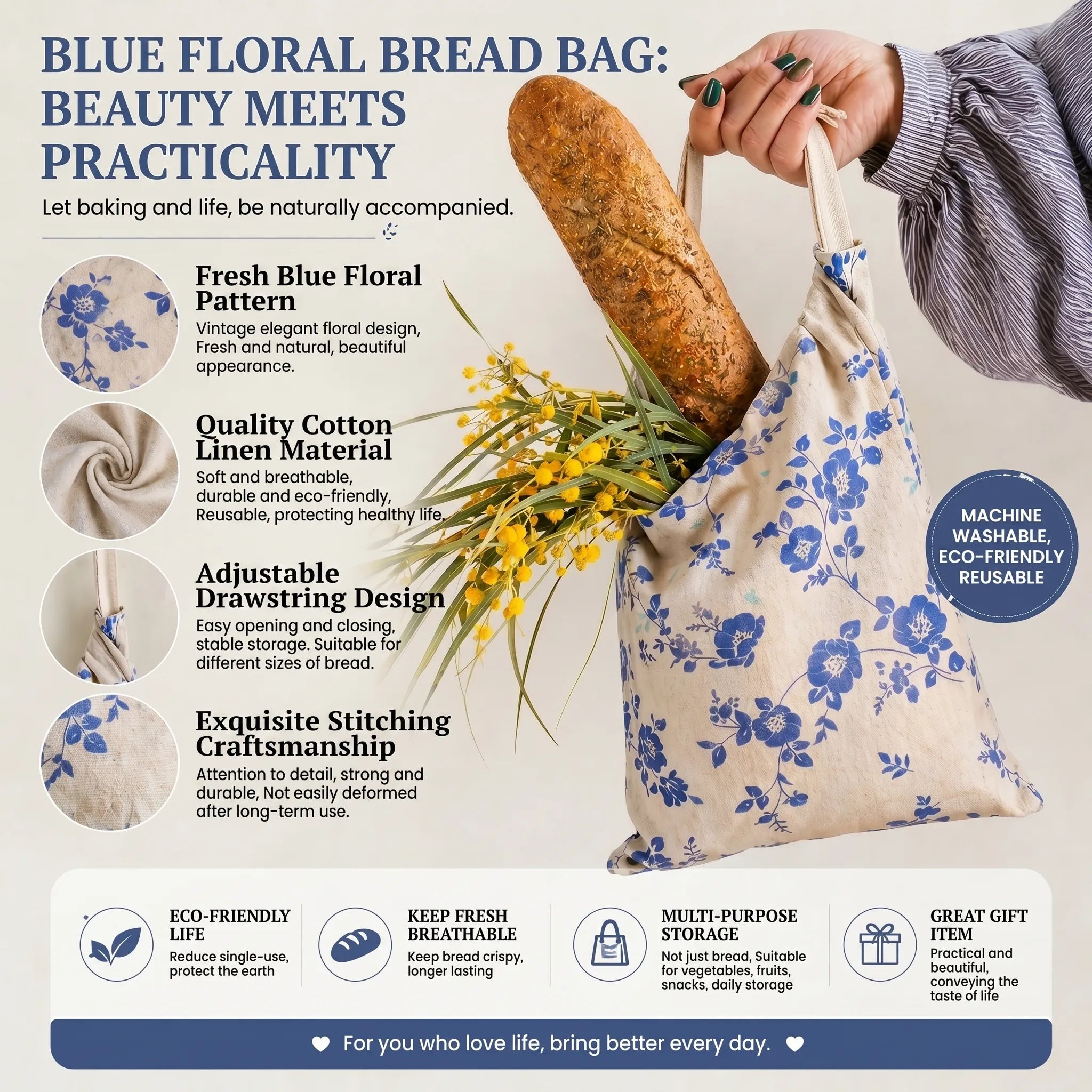 Blue floral reusable bread bag with fresh baguette and cotton linen fabric design for eco-friendly bread storage