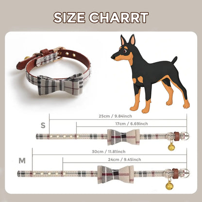 Plaid Dog Collar with Bow Bell, Adjustable Soft Checkered Pet Collar for Small