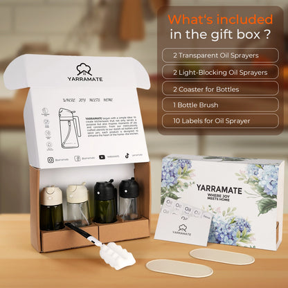 Open YARRAMATE oil sprayer gift box showing four bottles, coasters, labels and a cleaning brush.