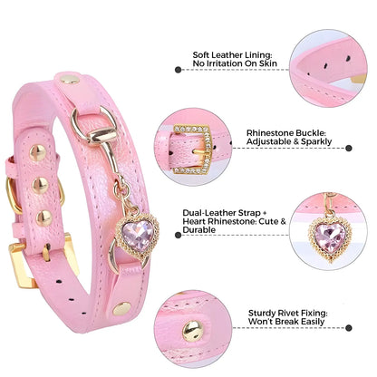 Sparkly PU Leather Dog & Cat Collar with Rhinestones Pink XS