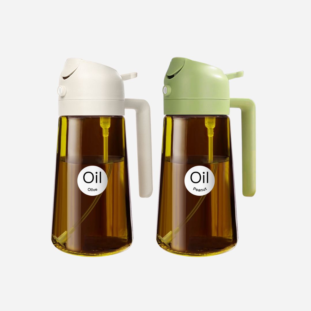 2-in-1-Ölsprühflaschenspender, 2 Stück 16 oz Glas-Olivenölsprüher, Speiseölsprühflasche für Küchensalat, Grill, BBQ, Dunkelbraun (Aufkleber enthalten)