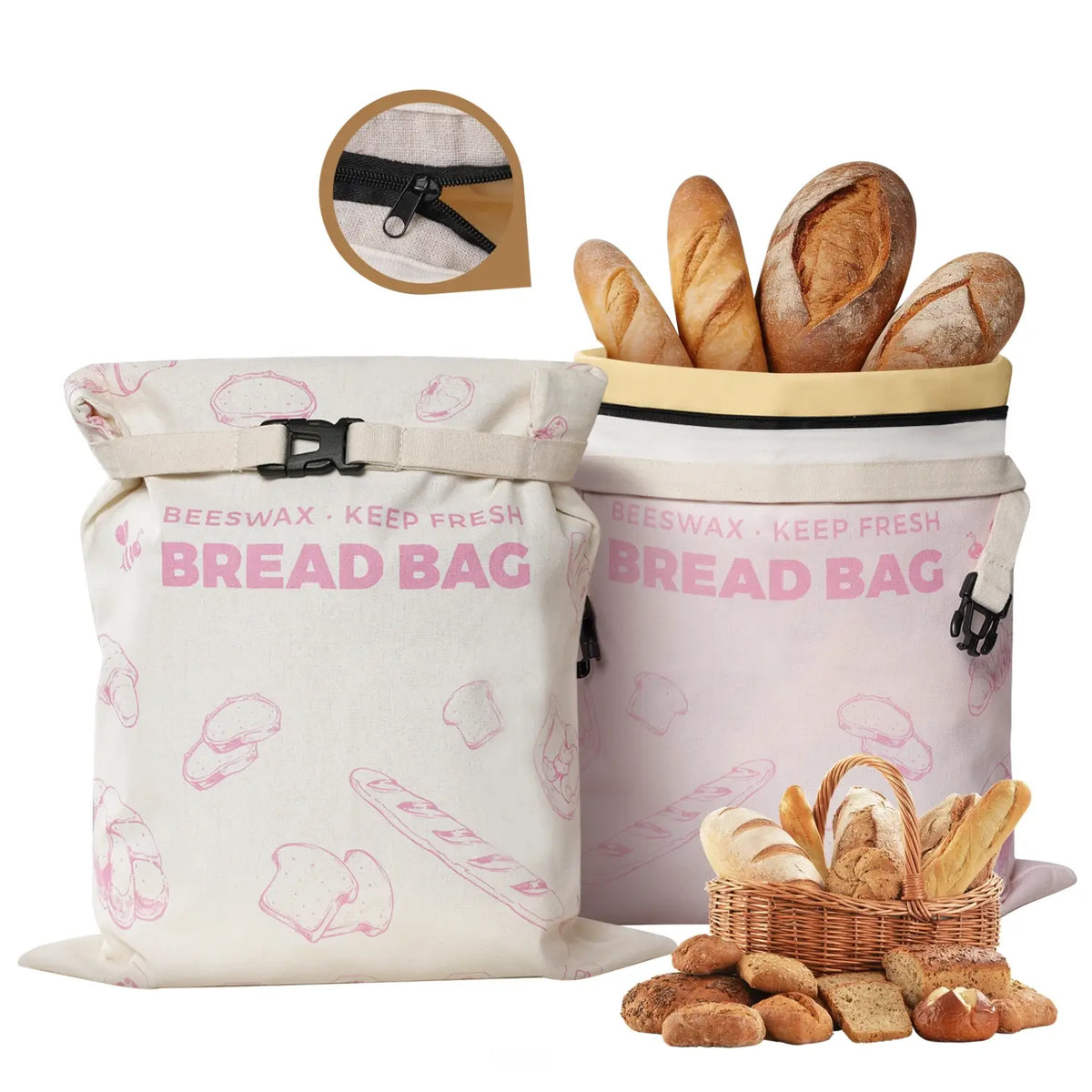 Two reusable beeswax bread bags are displayed, one filled with various types of fresh bread, including baguettes and rolls, while the other is slightly open.#Pimk