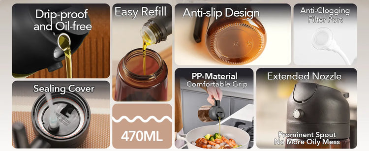 Yarramate 2-in-1 olive oil sprayer and dispenser bottle used for cooking, BBQ, air frying, salads, and roasting