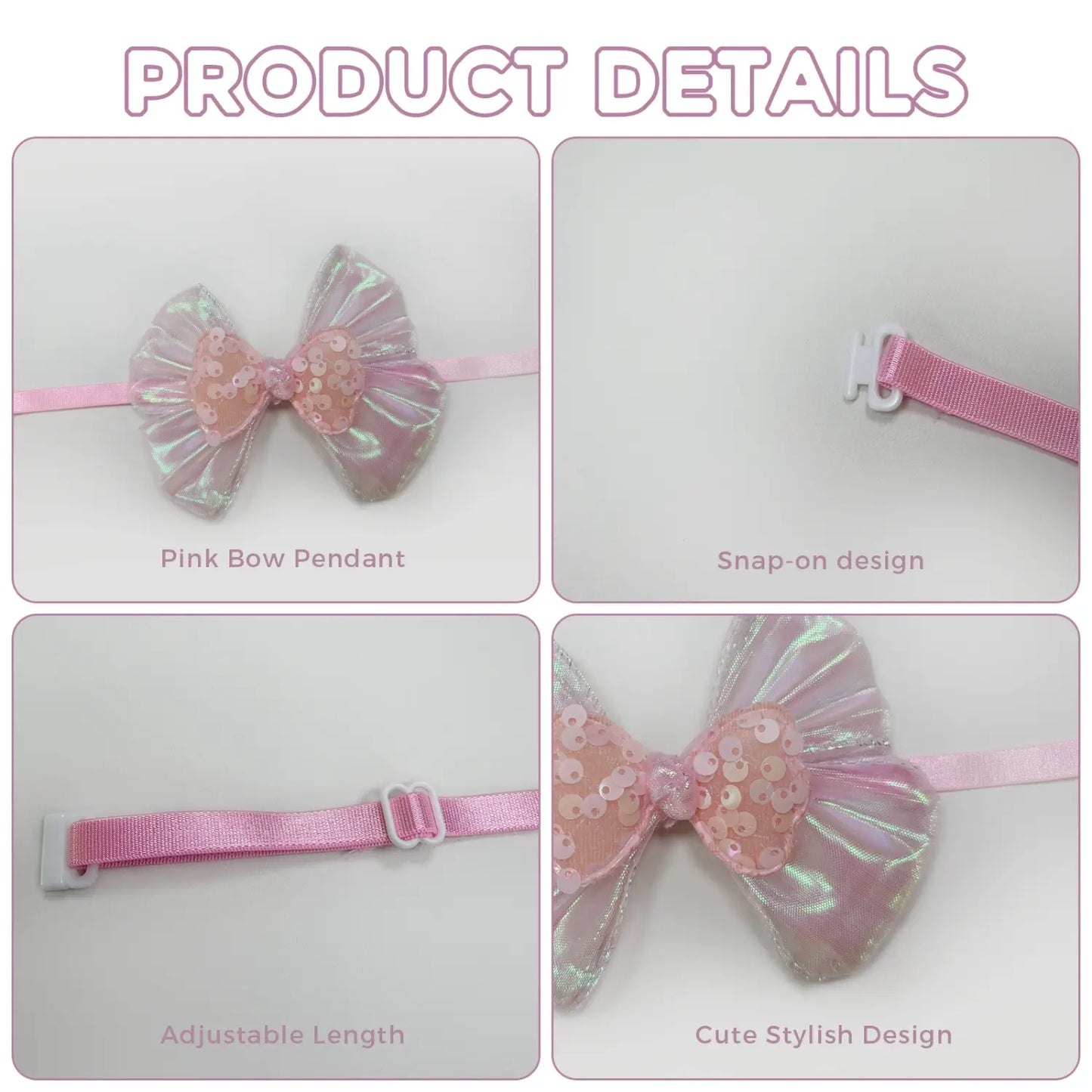 Soft Pink Bow Tie Collar for Dogs & Cats, Adjustable Quick Release Buckle One Size
