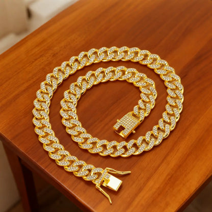 Gold 10 in Crystal Cuban Link Dog Collar Diamond Metal Pet Necklace with Safe Buckle
