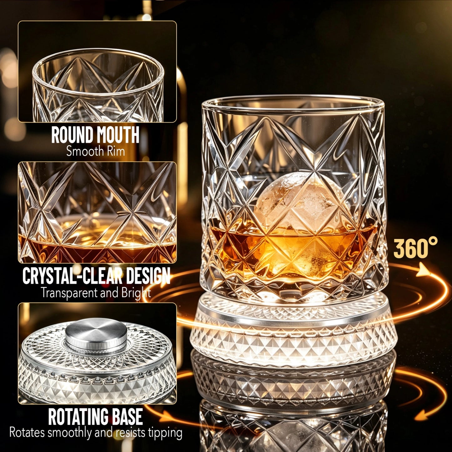 Whiskey Glass with 360° Rotating Bases 2Pcs
