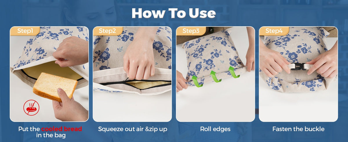 Blue floral bread bag use instructions