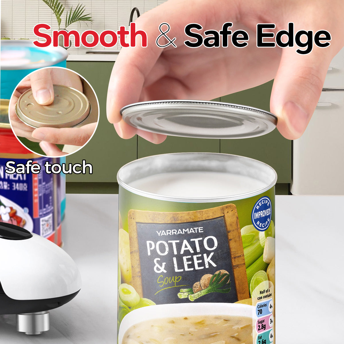 Electric can opener lifting a can lid, with close-ups of the opened rim and removed lid.