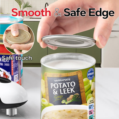 Electric can opener lifting a can lid, with close-ups of the opened rim and removed lid.