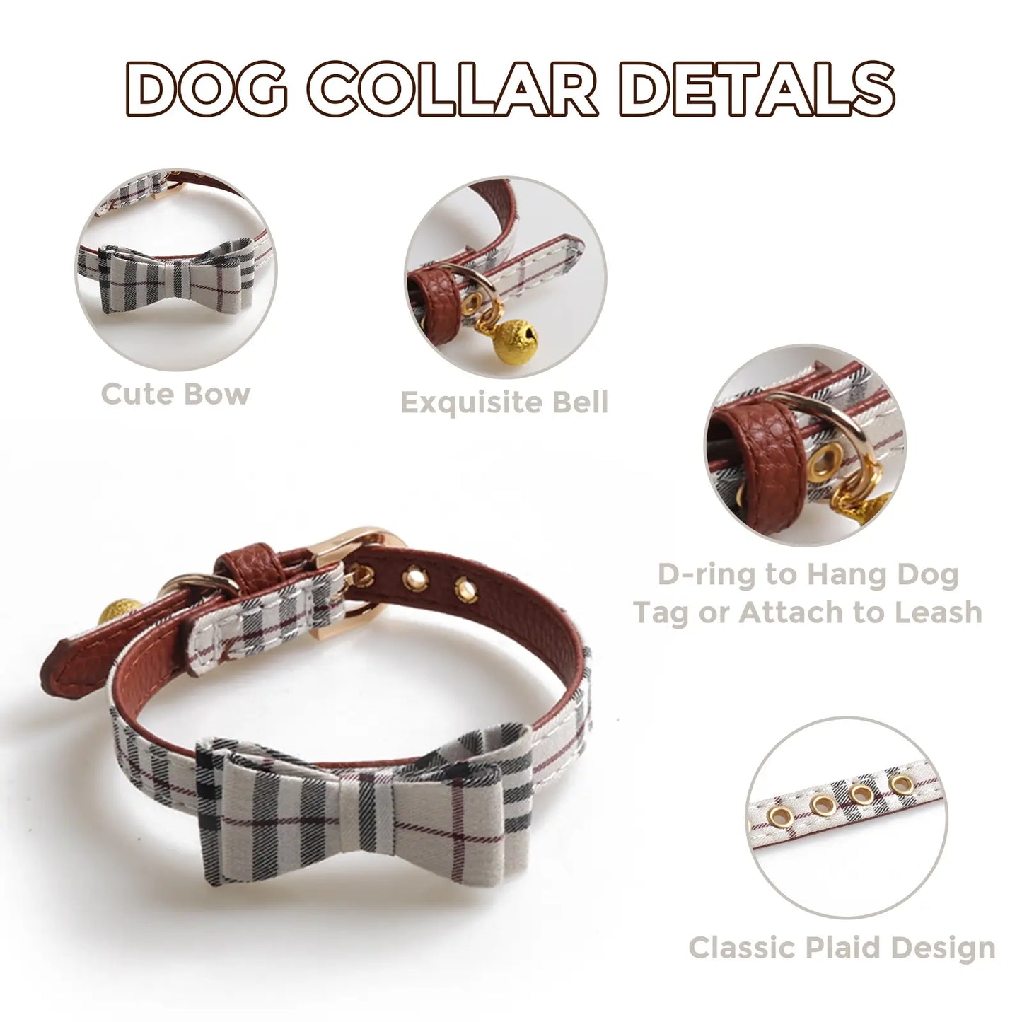 Plaid Dog Collar with Bow Bell, Adjustable Soft Checkered Pet Collar for Small