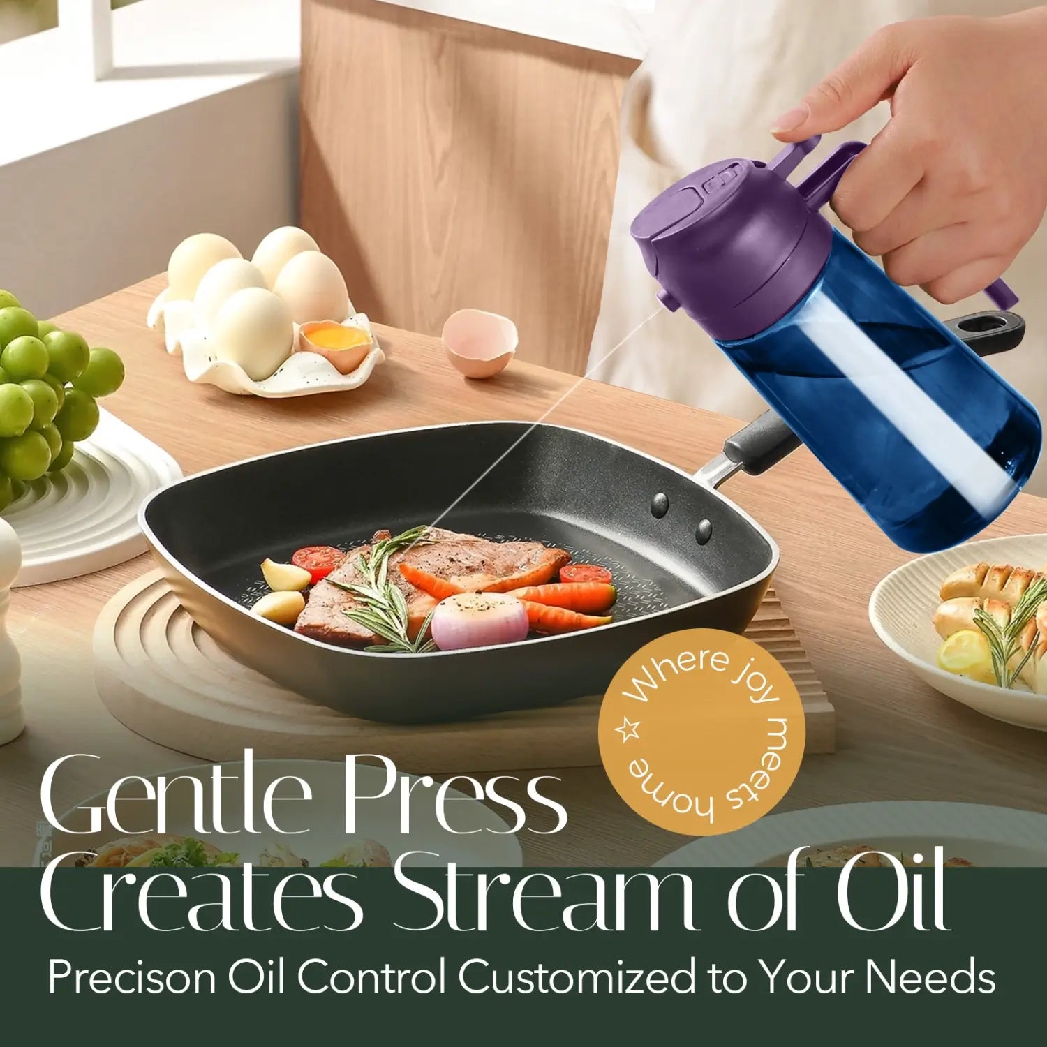 Blue glass cooking oil dispenser spraying a steady stream of oil onto a frying pan with steak and vegetables