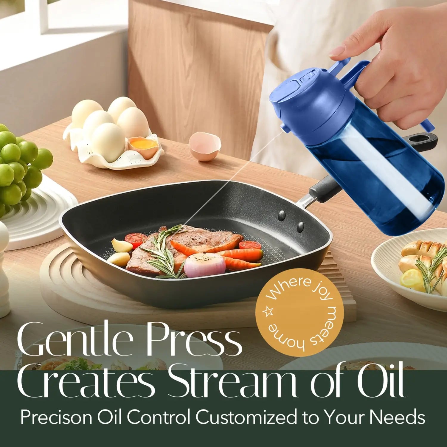 Blue glass cooking oil dispenser spraying a steady stream of oil onto a frying pan with steak and vegetables