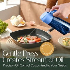 Blue glass cooking oil dispenser spraying a steady stream of oil onto a frying pan with steak and vegetables