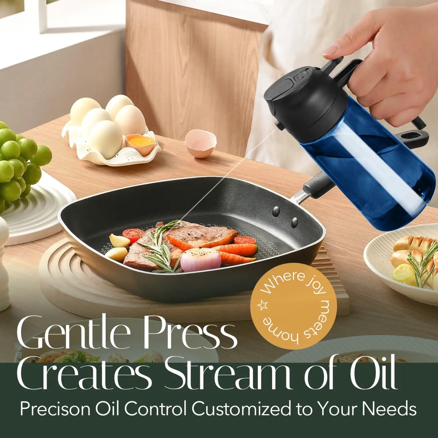 Blue glass cooking oil dispenser spraying a steady stream of oil onto a frying pan with steak and vegetables