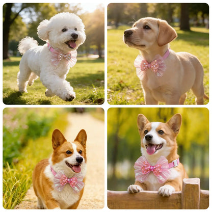 Soft Pink Bow Tie Collar for Dogs & Cats, Adjustable Quick Release Buckle One Size