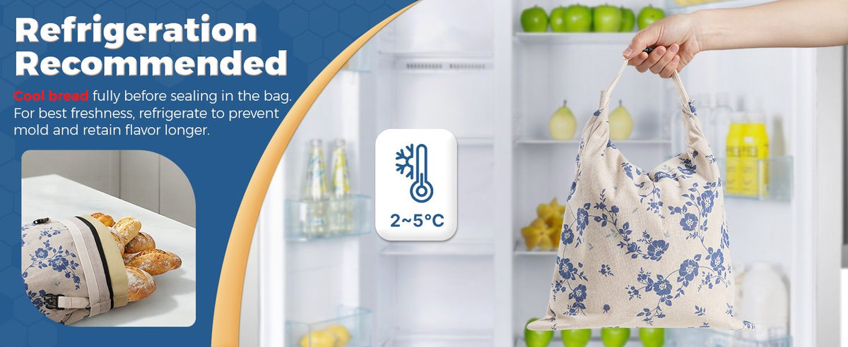 Blue floral bread bag shown with refrigeration guidance