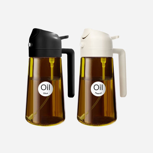 2 in 1 Oil Sprayer Bottle Dispenser 2Pcs 16oz Glass Olive Oil Sprayer Cooking Oil Sprayer Bottle for Kitchen Salad, Grill, BBQ, Dark Brown (Sticker Included)