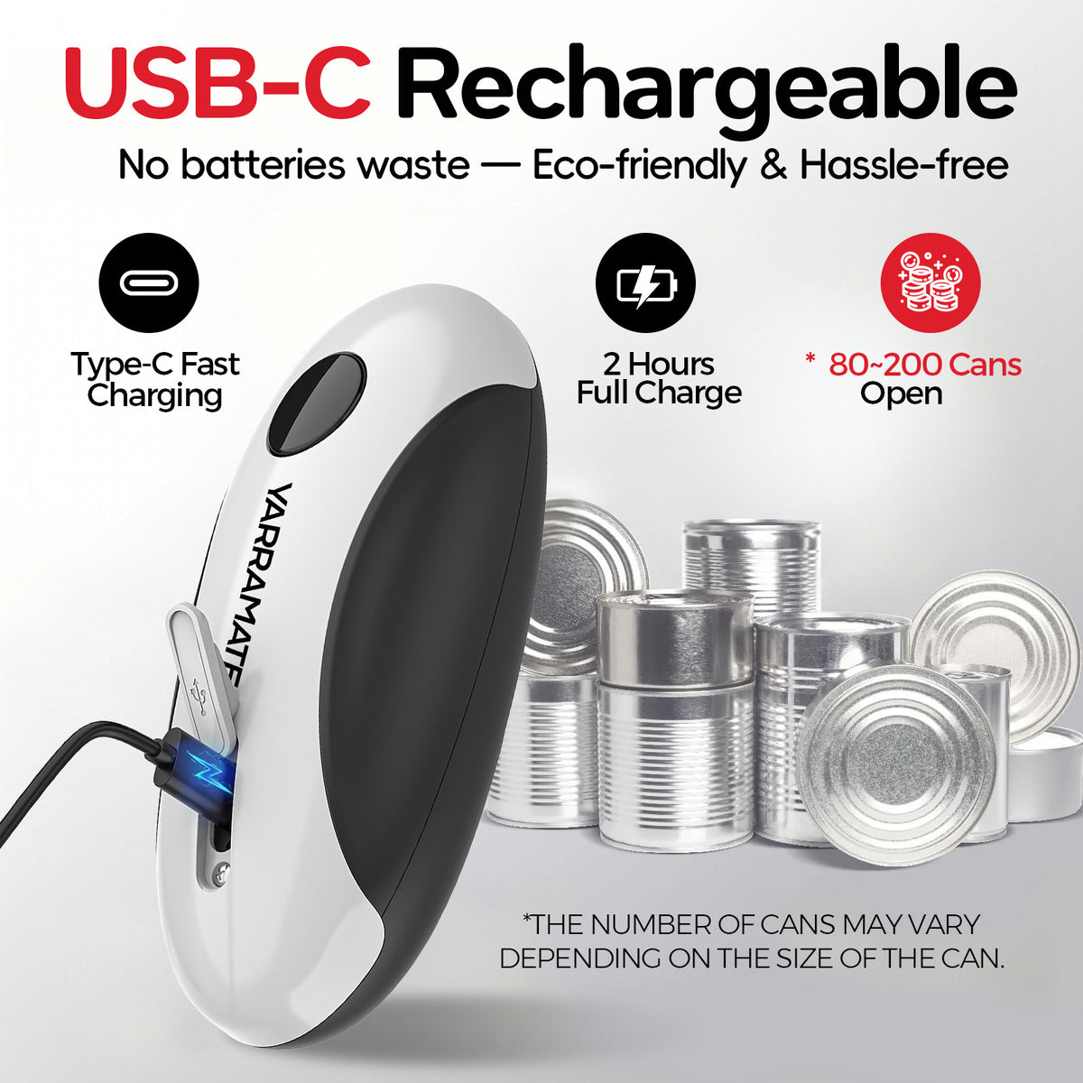 White and black YARRAMATE electric can opener connected to a USB-C charging cable.