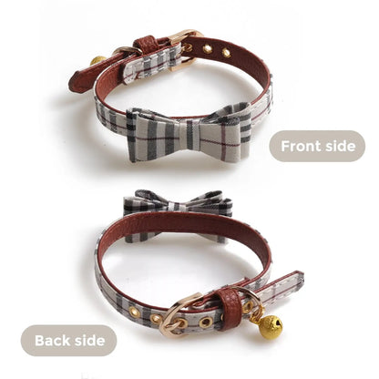 Plaid Dog Collar with Bow Bell, Adjustable Soft Checkered Pet Collar for Small