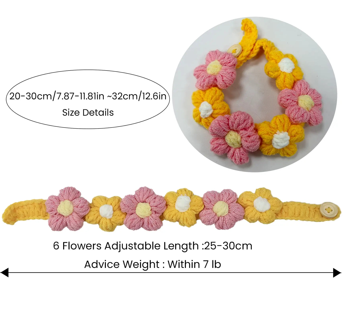 Crochet Flower Pet Collar, Soft Cotton Macaron Floral Scarf with Button Closure