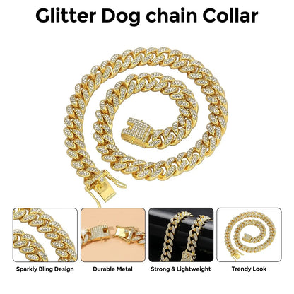 Gold 10 in Crystal Cuban Link Dog Collar Diamond Metal Pet Necklace with Safe Buckle