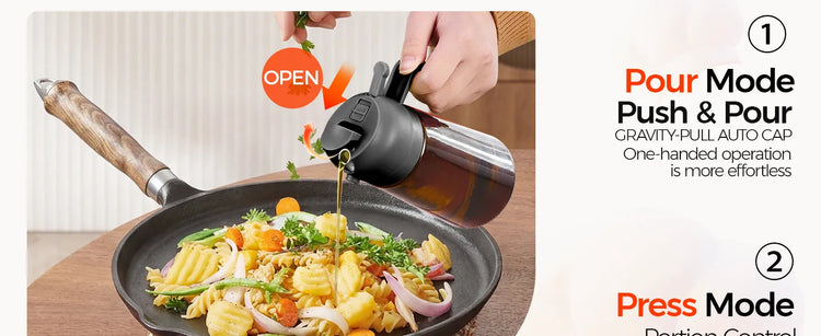 Yarramate oil dispenser with gravity-pull auto cap for effortless one-handed pouring while cooking