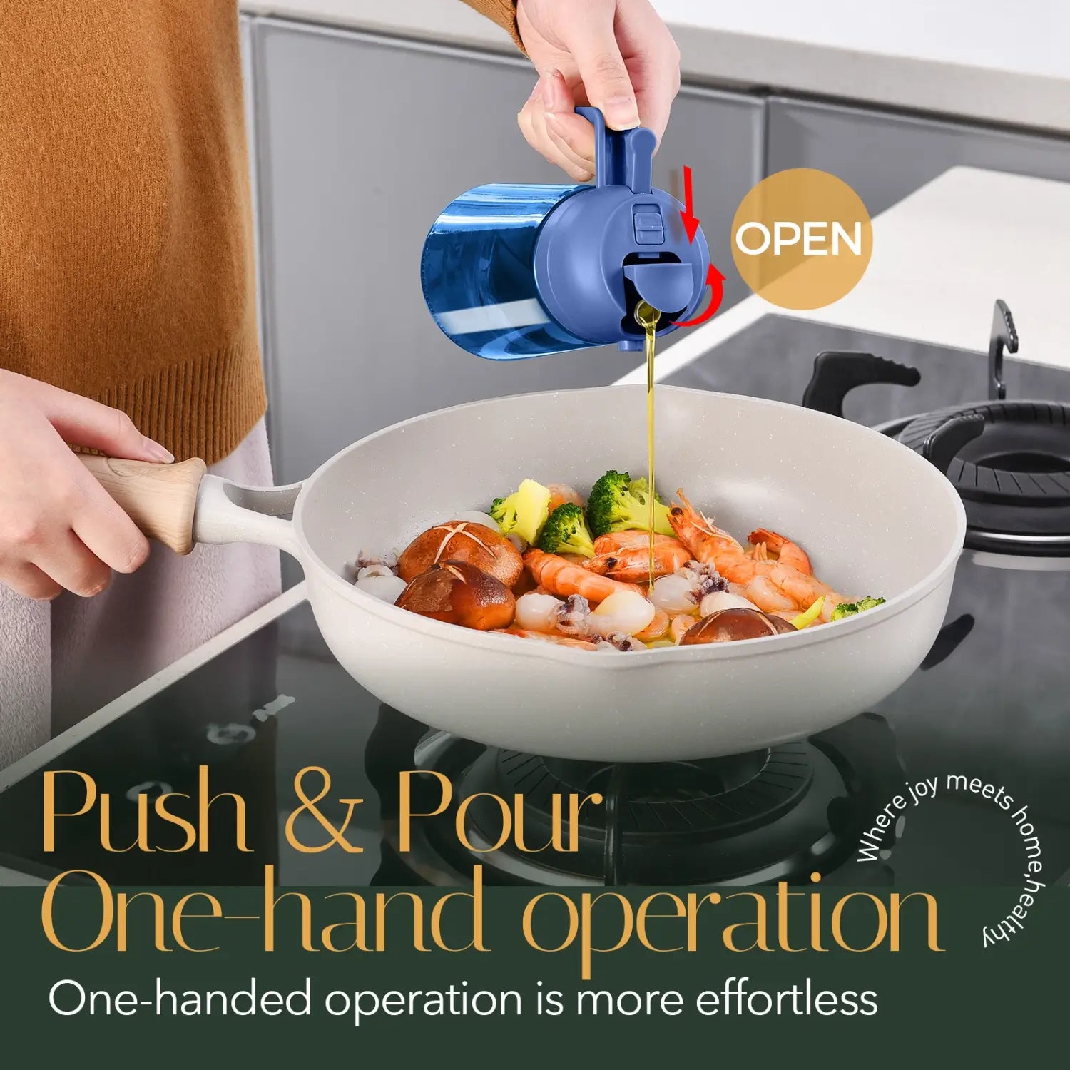 Blue glass cooking oil dispenser bottle  pouring olive oil into a wok with seafood and vegetables