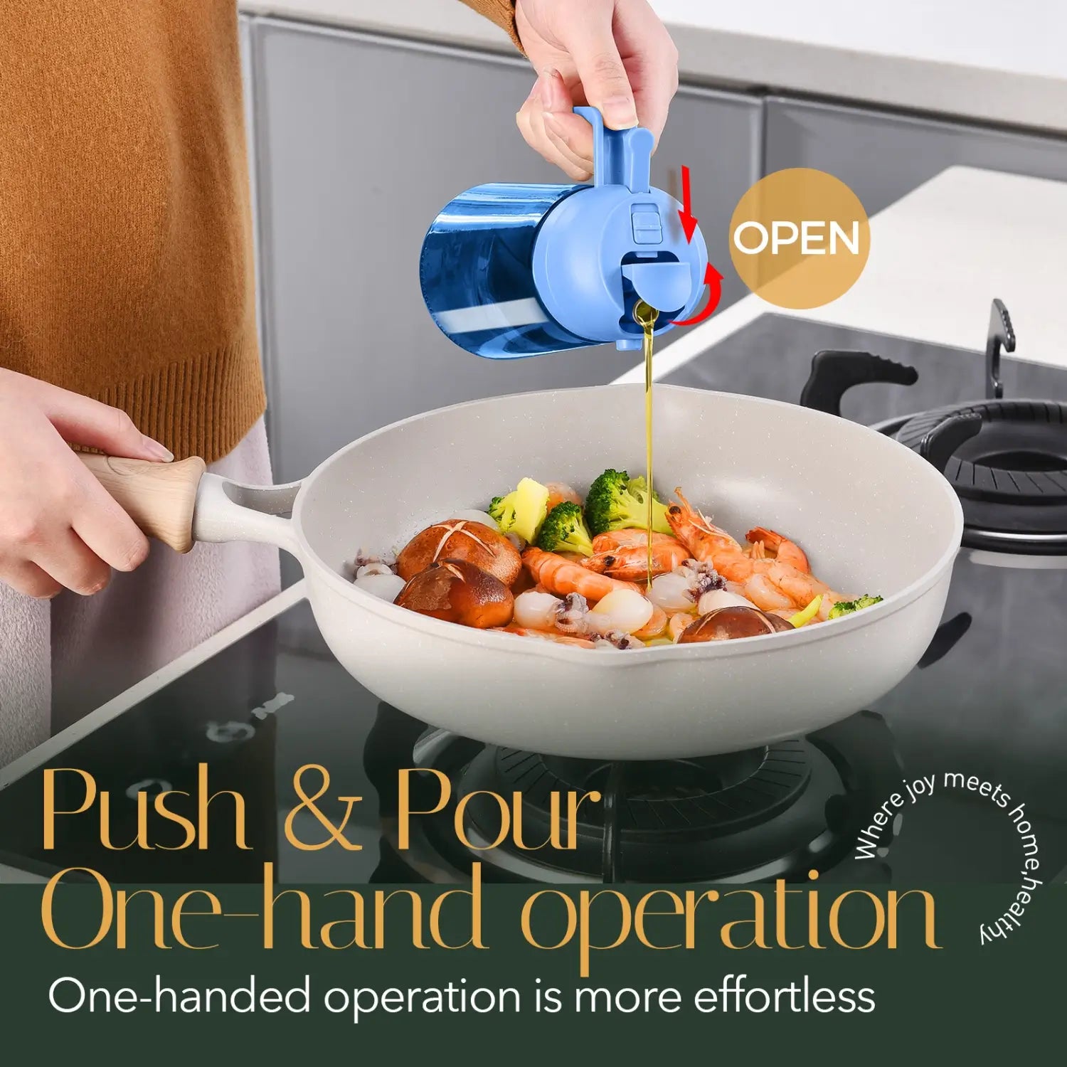 Blue glass cooking oil dispenser bottle  pouring olive oil into a wok with seafood and vegetables