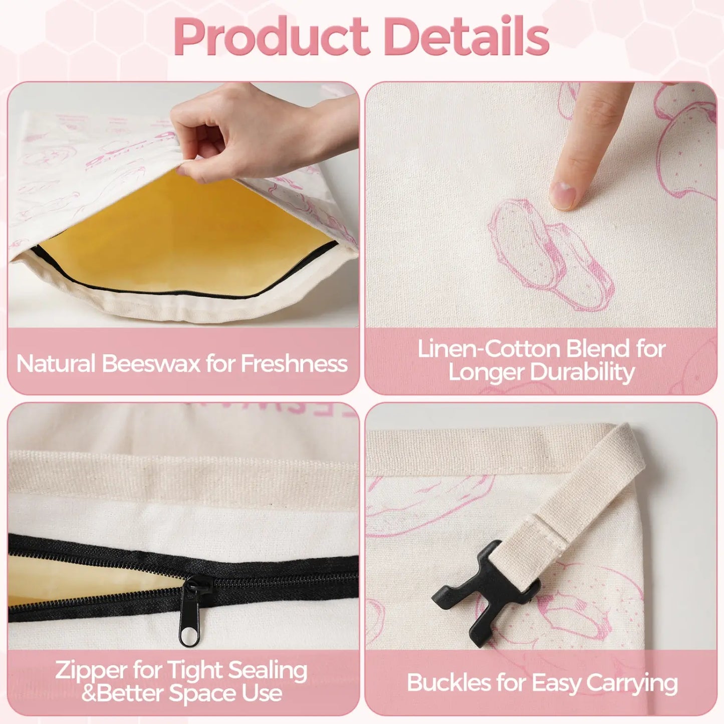 A persons hand is holding a beeswax bread bag featuring a light, patterned design. The bag is partially open to reveal its yellow interior and includes a zipper for secure sealing and a buckle for easy carrying. #Pink