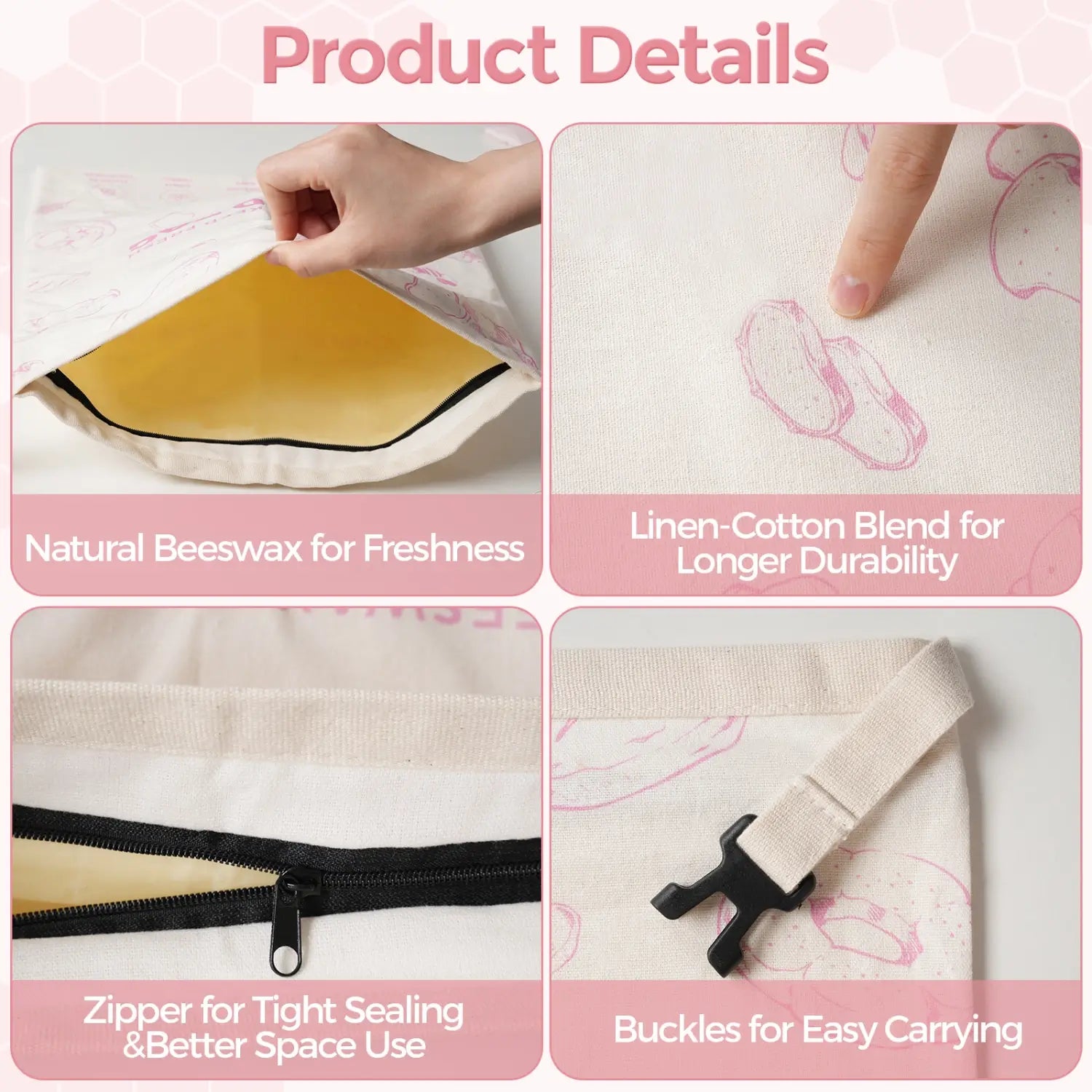 A persons hand is holding a beeswax bread bag featuring a light, patterned design. The bag is partially open to reveal its yellow interior and includes a zipper for secure sealing and a buckle for easy carrying. #Pink