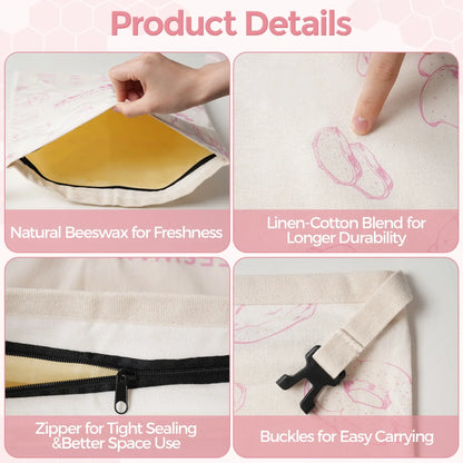 A persons hand is holding a beeswax bread bag featuring a light, patterned design. The bag is partially open to reveal its yellow interior and includes a zipper for secure sealing and a buckle for easy carrying. #Pink